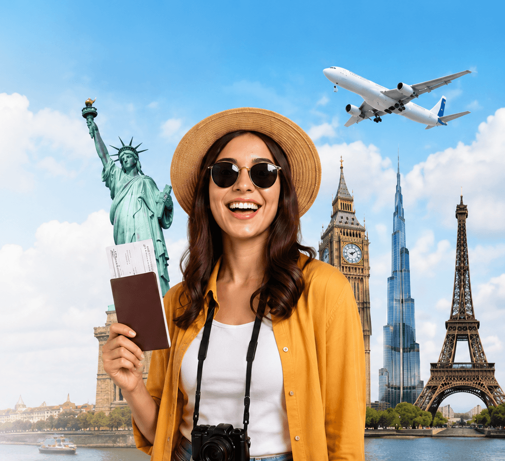 Smiling traveler holding a passport and boarding pass, with a plane overhead and the Statue of Liberty, Big Ben, Burj Khalifa and Eiffel Tower in the background
